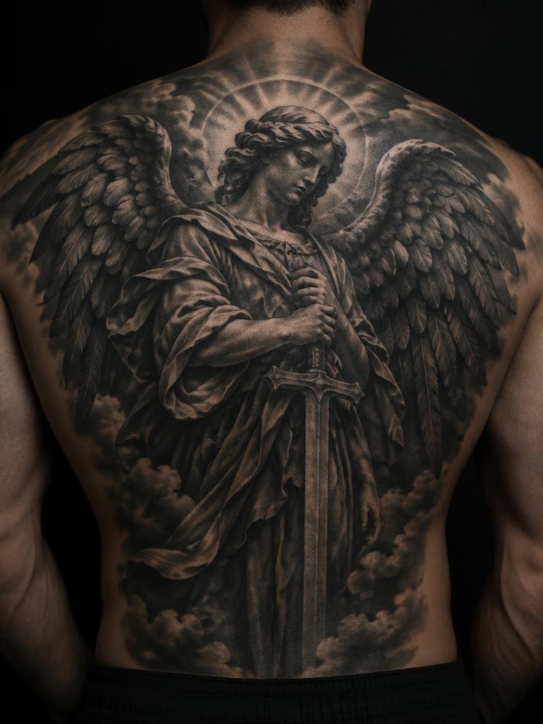 Guardian Angel — religious tattoo on the full back