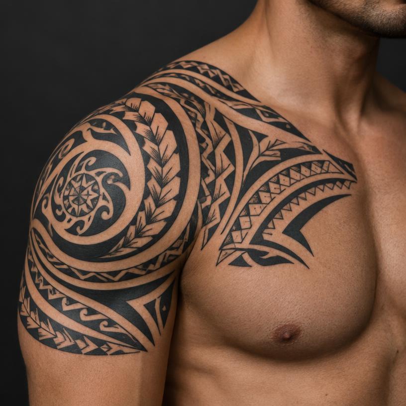 Polynesian Mana — tribal tattoo on the shoulder & chest
