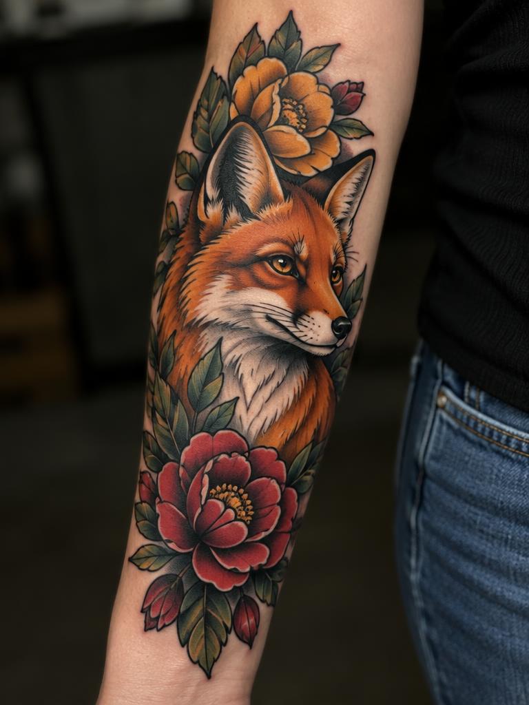 Fox & Peony — color tattoo on the forearm