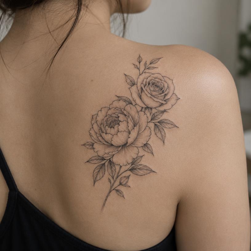 Peony Blade — floral tattoo on the shoulder blade