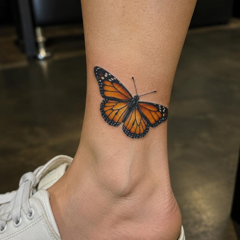 Monarch — color tattoo on the ankle