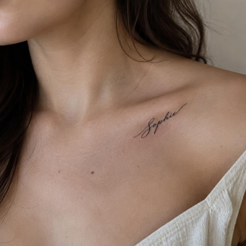 Her Name — lettering tattoo on the collarbone