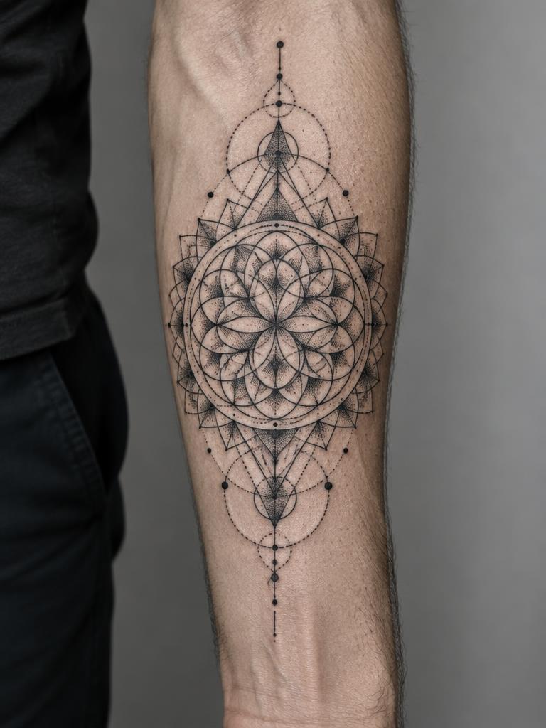 Sacred Bloom — geometric tattoo on the forearm