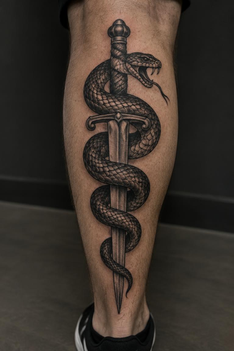 Serpent & Blade — skulls tattoo on the calf