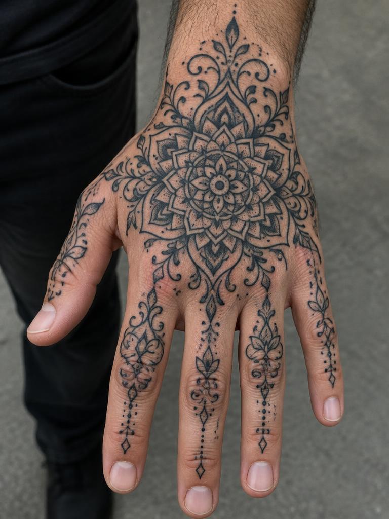 Mandala Hand — geometric tattoo on the hand