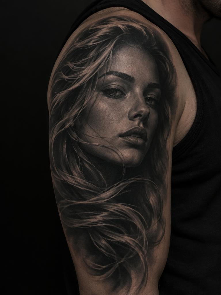 Muse — realism tattoo on the upper arm