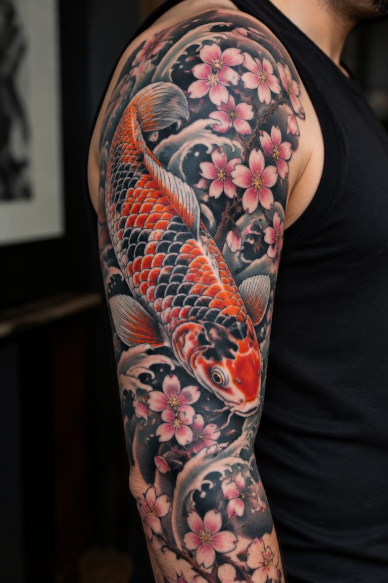 Koi Ascending — japanese tattoo on the half sleeve