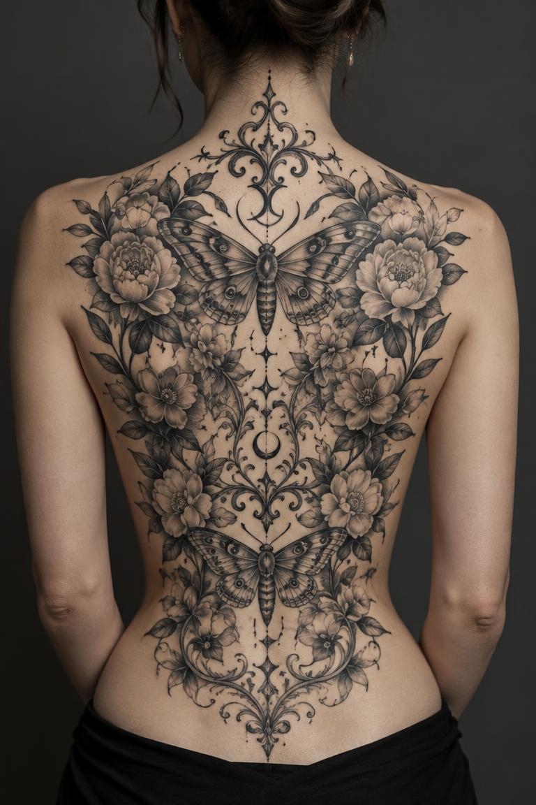 Night Garden — floral tattoo on the full back