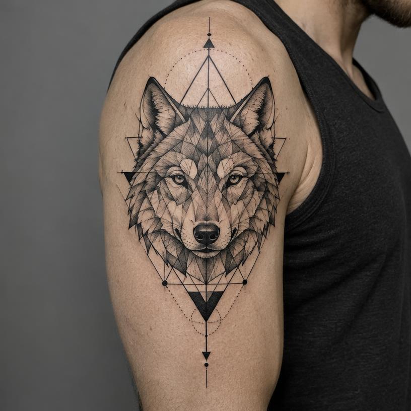 Lone Wolf — geometric tattoo on the upper arm