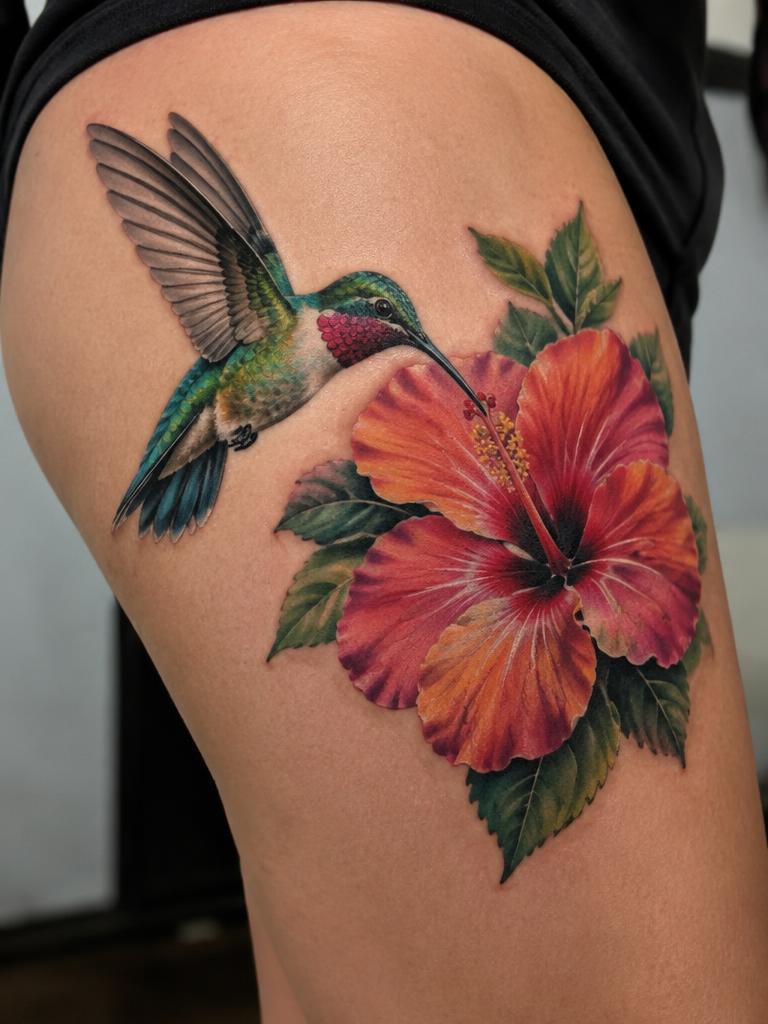 Hummingbird — color tattoo on the thigh