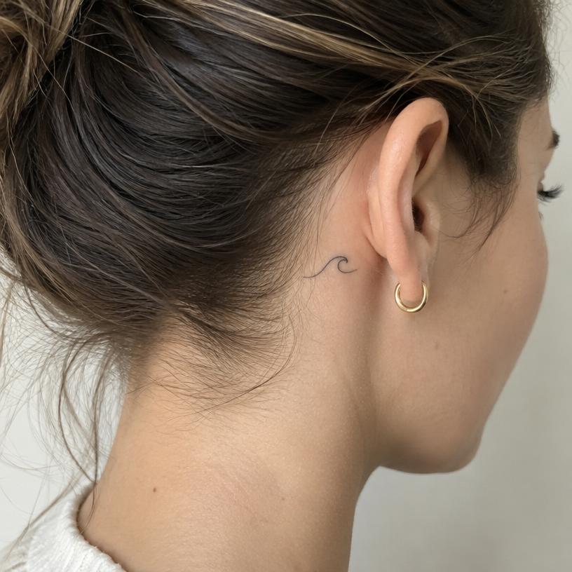 Little Wave — minimalist tattoo on the behind ear