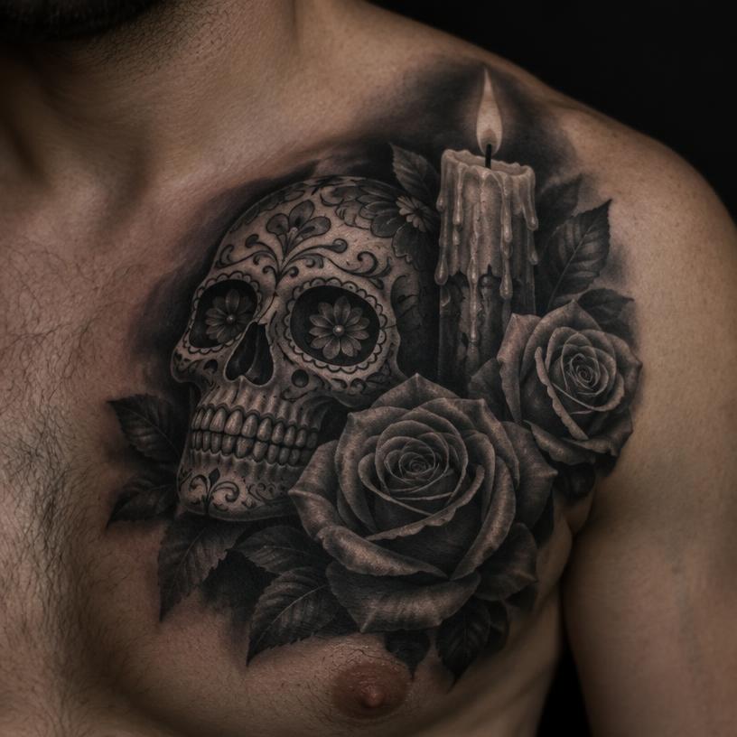 Día de Muertos — skulls tattoo on the chest