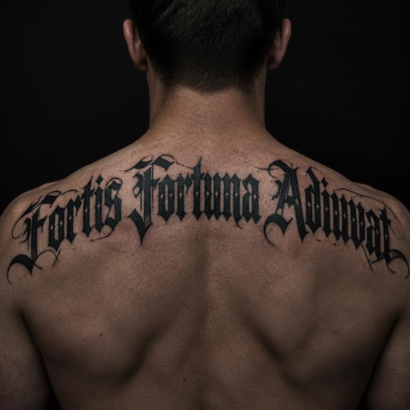 Fortis Fortuna — lettering tattoo on the upper back